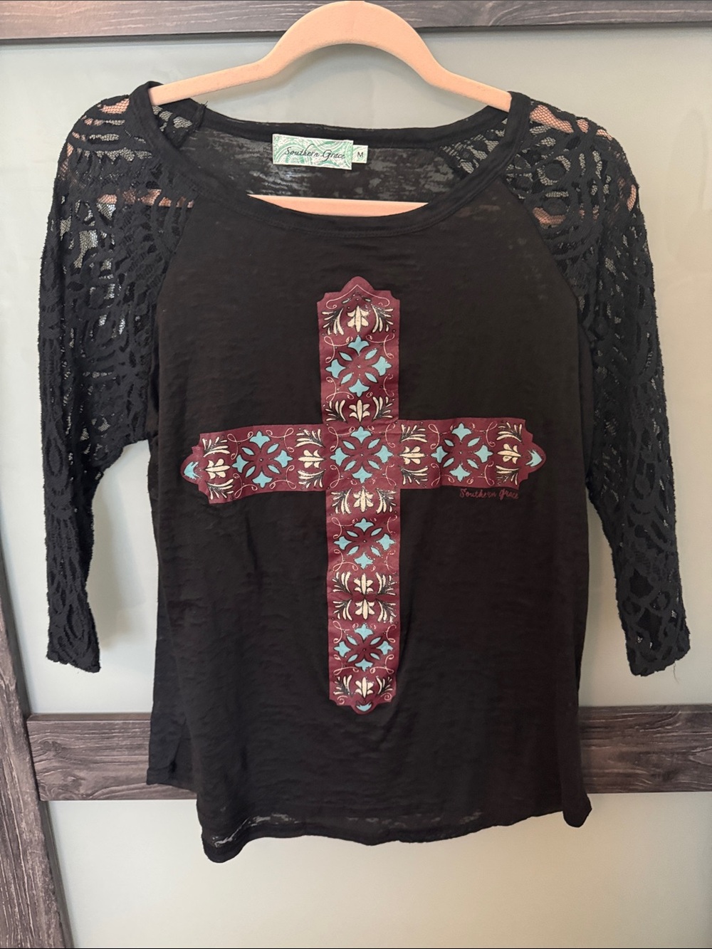 Southern Grace Black Long-Sleeve Lace with Maroon and Teal Cross